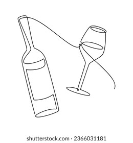 Wine bottle and glasses vector line continuous illustration. Hand drawn linear doodle silhouette icon. Graphic design, cartoon print, banner, card, poster, brochure, sign, symbol, bar logo, cafe menu.