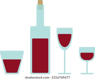 Wine, wine bottle and glasses, vector. Bottle and glasses with red wine.