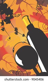 wine bottle and goblet in floral background	