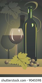 wine bottle and goblet in floral background	