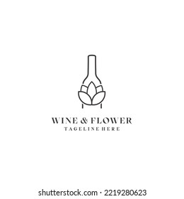 wine bottle grape flower logo design vector template