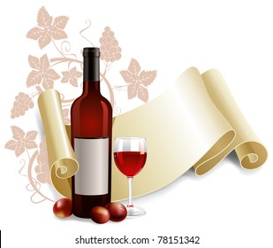 Wine bottle with grape, glass and manuscript