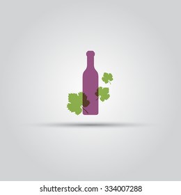 Wine bottle with grape leaves isolated vector colored icon