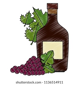 wine bottle and grapes cluster and leafs