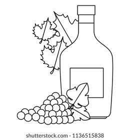 wine bottle and grapes cluster and leafs