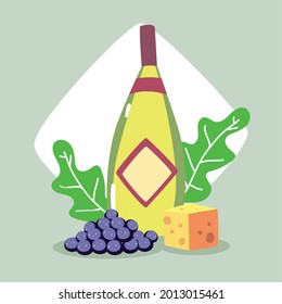 botella de vino con racimo de uvas y trozo de queso