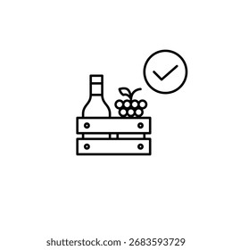Weinflasche, Trauben und Kiste mit Häkchen. Qualitätsgetränke, zugelassener Alkohol. Landwirtschaftliche und ökologische Erzeugnisse. Pixel perfekt, bearbeitbares Strichvektorsymbol