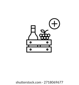 Botella de vino, uvas en caja y símbolo plus. Suministro de Producto, productos agrícolas. Icono de Vector de trazo perfecto y editable