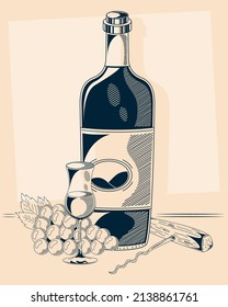 wine bottle and grapes drawn