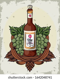 wine bottle and grapes fruits vector illustration design