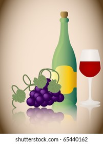 Wine Bottle with Grapes and Glass