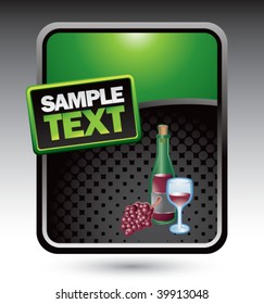 wine bottle, grapes and glass on green stylized advertisement
