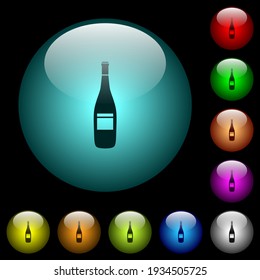 Wine bottle with grapes icons in color illuminated spherical glass buttons on black background. Can be used to black or dark templates