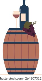 Garrafa de vinho, uvas em barril