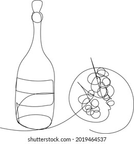 Botella de vino y uvas en una línea sobre un fondo blanco. Ilustración vectorial con alcohol natural de bayas.