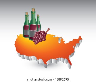 botella de vino y uvas sobre ícono naranja de los estados unidos