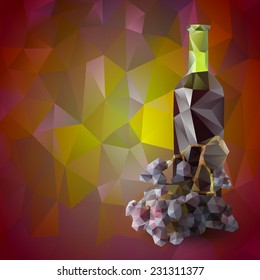 wine bottle and grapes with polygonal design