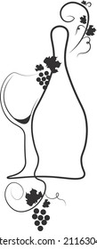 Wine bottle and grapes vector illustration. Wine bottle vector image. Wine bottle and glass silhouette. Wine bottle silhouette art
