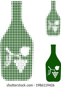 Wine bottle halftone dotted icon. Halftone pattern contains round elements. Vector illustration of wine bottle icon on a white background.