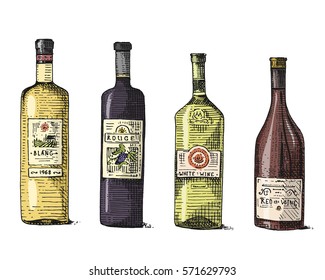 Wine bottle hand drawn engraved old looking vintage illustration.