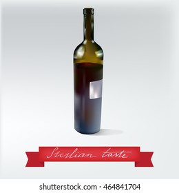 Wine bottle with hand drawn lettering on the red ribbon. Realistic vector bottle of red wine. Alcohol commercial illustration. Isolated green bottle on white background. 