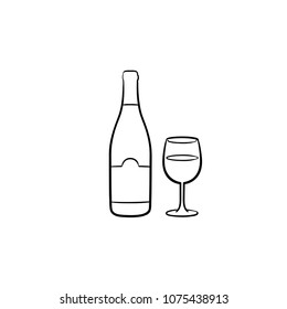 Icono del doodle dibujado a mano con la botella de vino. Dibujo vectorial ilustración de botella y vaso de vino para impresión, web, móvil e infografía aislados en fondo blanco.