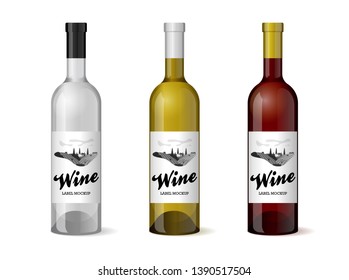 Wine bottle with hand-drawn label retro vintage design template set. Alcohol industry vineyard wine grapes hills farm emblem. Monochrome romantic rural landscape, black on white. Vector illustration