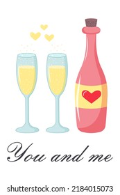 Botella de vino con etiqueta del corazón y dos vasos de champán con burbujas brillantes y corazones amarillos. Cita tú y yo. Tarjeta de saludo o afiche. 