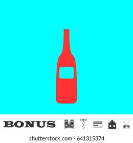 Wine bottle icon flat. Red pictogram on blue background. Vector illustration symbol and bonus buttons Music center, corkscrew, credit card, house, drum