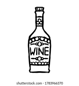 Wine bottle icon. Front vertical view. Black contour silhouette. Vector flat graphic hand drawn illustration. The isolated object on a white background. Isolate.