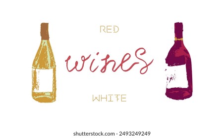 Wine bottle icon in hand-drawn charcoal graphic style in vector. Isolated wine bottle sketch with coal texture for creating of winery logo, badge biodynamic wines or winery promotional materials.