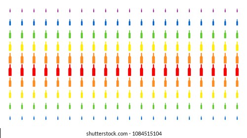 Wine Bottle icon rainbow colored halftone pattern. Vector items organized into halftone array with vertical rainbow colors gradient. Constructed for backgrounds, covers,