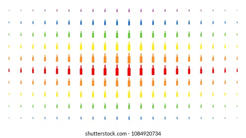 Wine bottle icon rainbow colored halftone pattern. Vector wine bottle symbols are arranged into halftone matrix with vertical rainbow colors gradient. Constructed for backgrounds, covers,