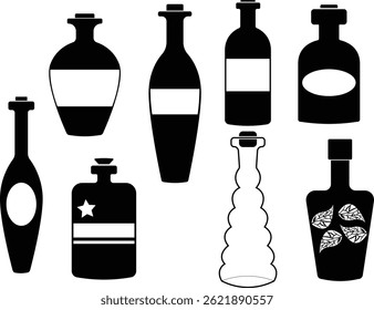 Wine Bottle Icon Set in Black