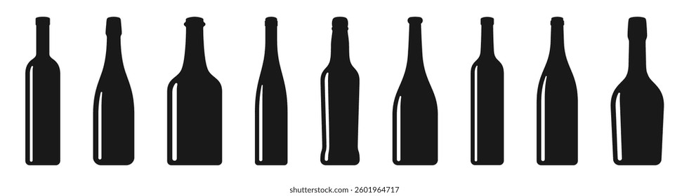 Wine bottle icon set. Glass, glossy bottles, drink, silhouette, alcohol, red, winery, bar - stock vector.