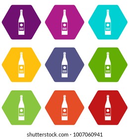 Wine bottle icon set many color hexahedron isolated on white vector illustration