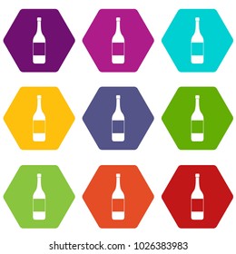 Wine bottle icon set many color hexahedron isolated on white vector illustration