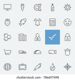 Wine bottle icon with sneaker, tick and smart tv editable symbols. Set of television, calculator, fish icons and camcorder concept. Editable vector elements for logo app UI design.