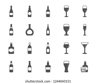 Wine bottle icons. Set of Craft beer, Whiskey and Wine glass icons. Champagne bottle, Alcohol drink and Scotch with ice. Wineglass, Beer glass and Restaurant goblet signs. Beverage drink. Vector