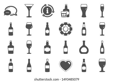 Wine bottle icons. Set of Craft beer, Whiskey and Wine glass icons. Champagne bottle, Alcohol drink and Scotch with ice. Wineglass, Beer glass and Restaurant goblet signs. Beverage drink. Vector