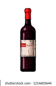 Wine bottle. illustration of Bold red wine in vintage engraved style. Isolated on white background.