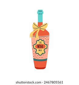 Ilustración de botella de vino. Bonita botella de Vector con lazo, perfecto para regalos de vacaciones. Etiquetado con el año de emisión, en un estilo plano sobre un fondo aislado.