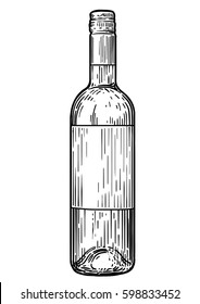 Wine bottle illustration, drawing, engraving, ink, line art, vector