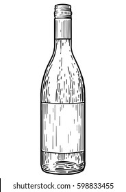 Wine bottle illustration, drawing, engraving, ink, line art, vector