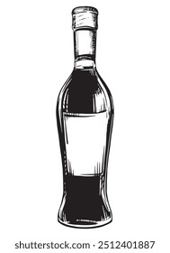 Wine bottle isolated on white background. Vector sketch, vintage hand engraving. Hand drawn ink drawing of a bottle. Line art for menu, design, label.