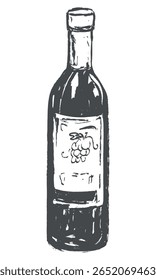 Wine bottle isolated on white background. Vector sketch, vintage. Hand drawn ink and brush. Quick drawing for menu, design, label.