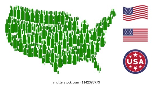 Wine bottle items are arranged into United States map stylization. Vector concept of American geographical map is organized of wine bottle items. Designed for political and patriotic propaganda.