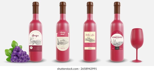 Garrafa de vinho com modelo de design de rótulo para marca. Conjunto de maquete 3d realista. Ilustração vetorial.