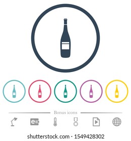 Wine bottle with label flat color icons in round outlines. 6 bonus icons included.