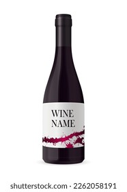 Wine bottle with label isolated on white background. Red Wine black bottle, made in a realistic style. Alcoholic drink. Product mock up for branding. Vector illustration. 